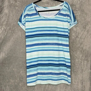 Woman Within 1X Shirt Top Blue Striped Short Sleeve Scoop Neck Cotton Blend Knit